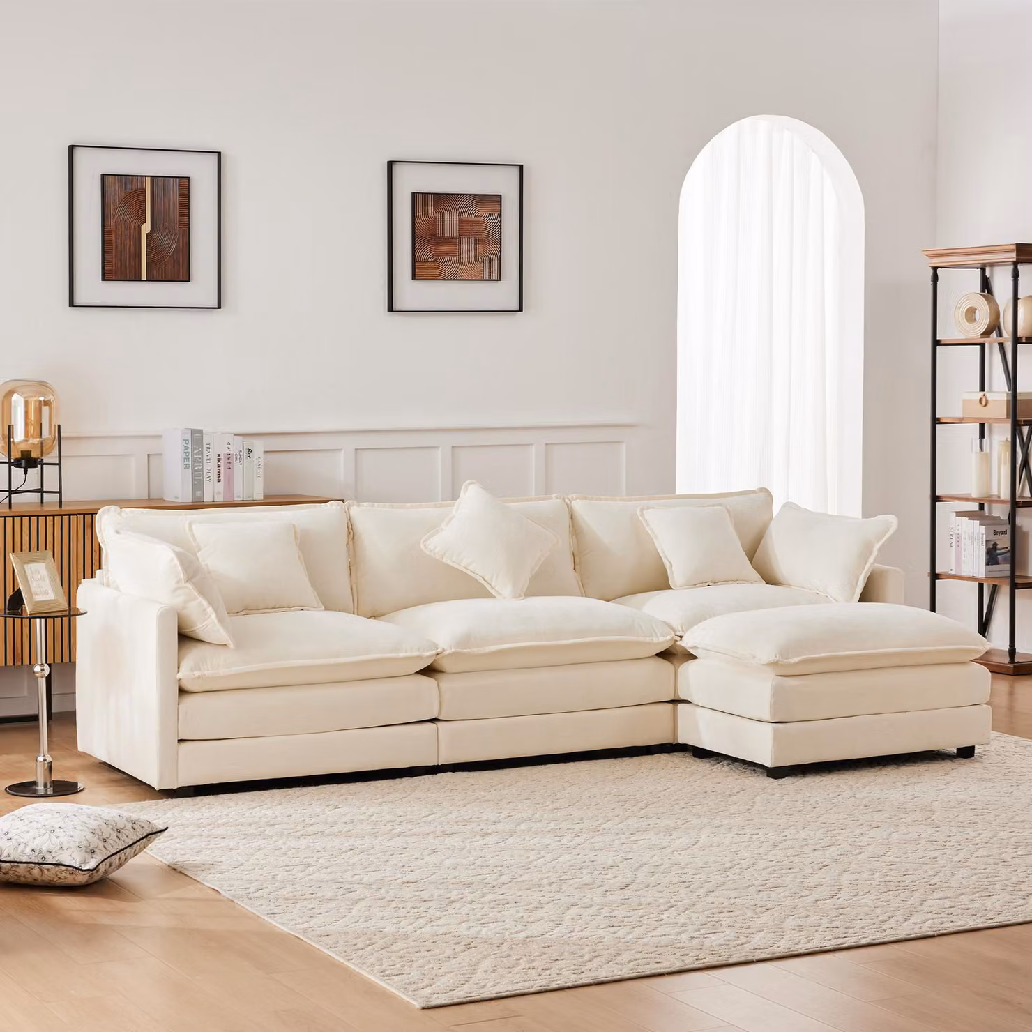 Divano angolare Merax con funzione letto, divano a L a 3 posti con poggiapiedi, cuscini, divano da salotto, set di divani, divano, divano, ciniglia, beige