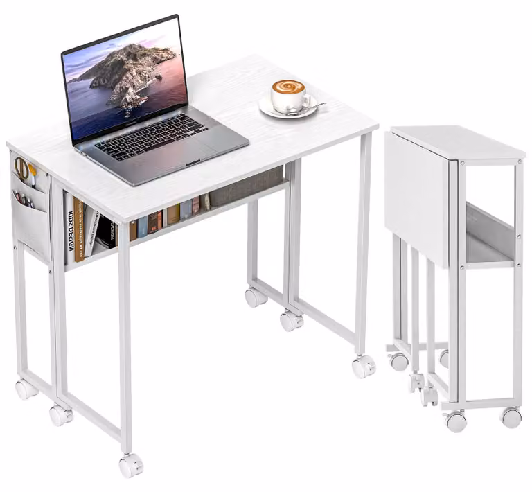 Scrivania pieghevole – Scrivania salvaspazio per computer con ruote – 80 cm – Piano di appoggio – Tasca portaoggetti – Struttura in metallo – Bianco