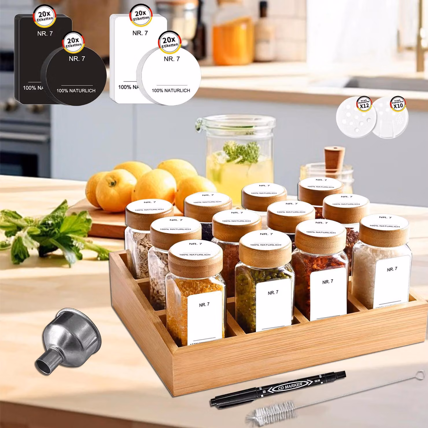 Portaspezie in bambù - Supporto a 12 scomparti - 12 barattoli in vetro da 120 ml - Coperchi in bambù - Con etichette - Senza BPA - Rettangolare - Multicolore