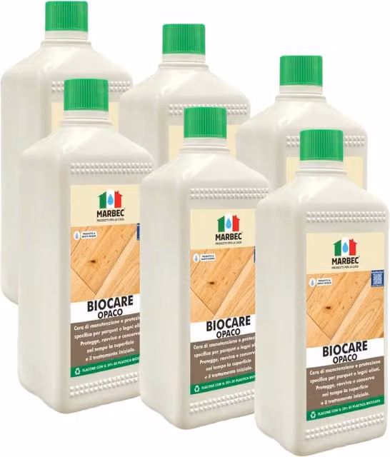 Cera per legno naturale BIOCARE opaca trasparente a base acquosa, confezione da 6 x 1 l