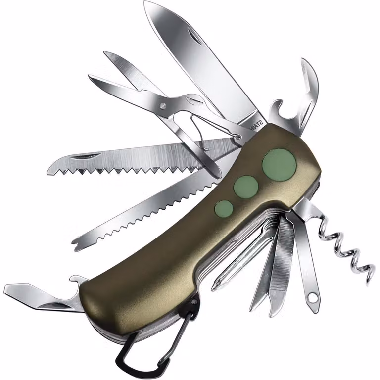 Coltello multiuso da tasca, 15 funzioni, acciaio inossidabile, verde, ideale per campeggio e situazioni di emergenza
