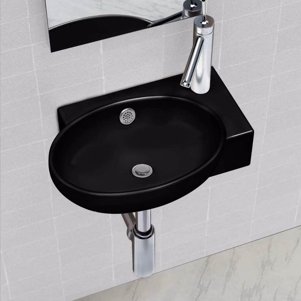 The Living Store Lavabo in Vetroceramica con foro per rubinetto/trabocco Nero Round