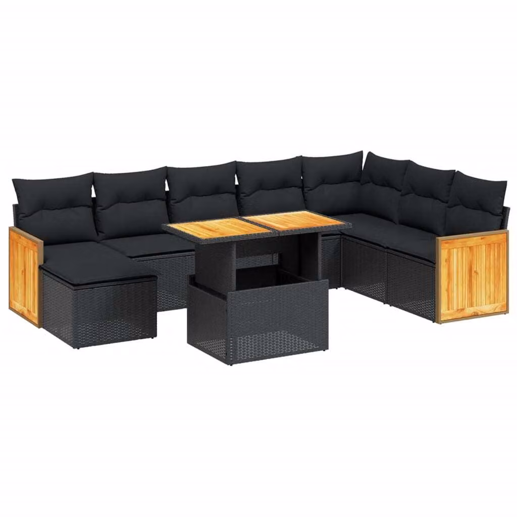 Set Divani da Giardino 9 pz con Cuscini Nero in Polyrattan