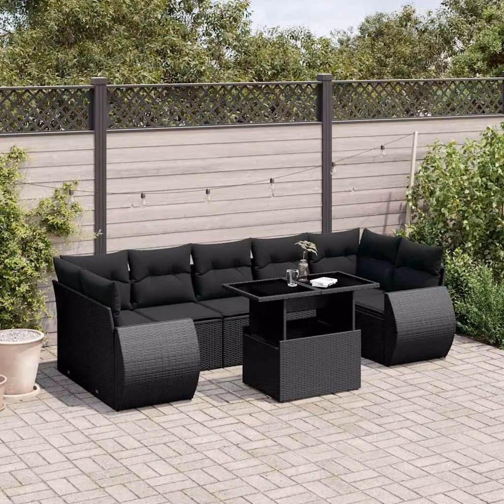 Set di divani da giardino vidaXL a forma di L con cuscini, 8 pezzi, in polyrattan nero con tavolino da esterno e coperture rimovibili – 1