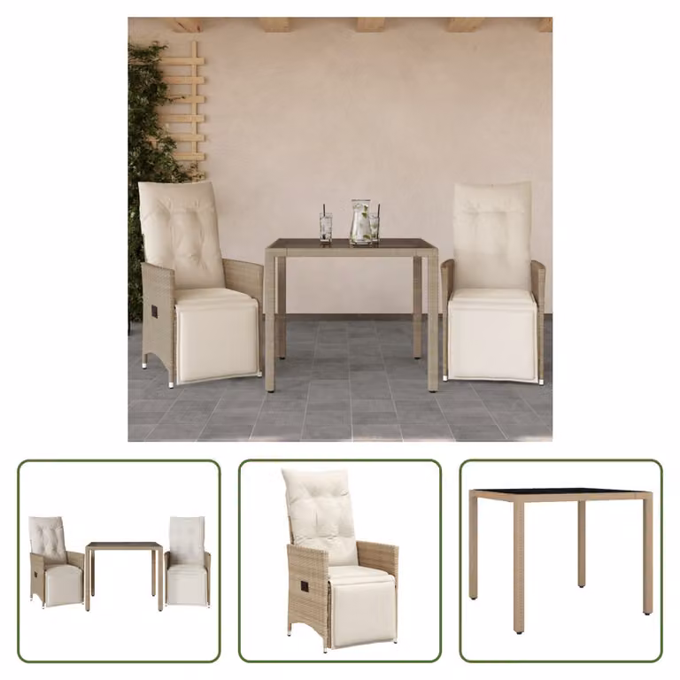 The Living Store Set da giardino bistrot 3 pezzi con cuscini Beige in poly rattan