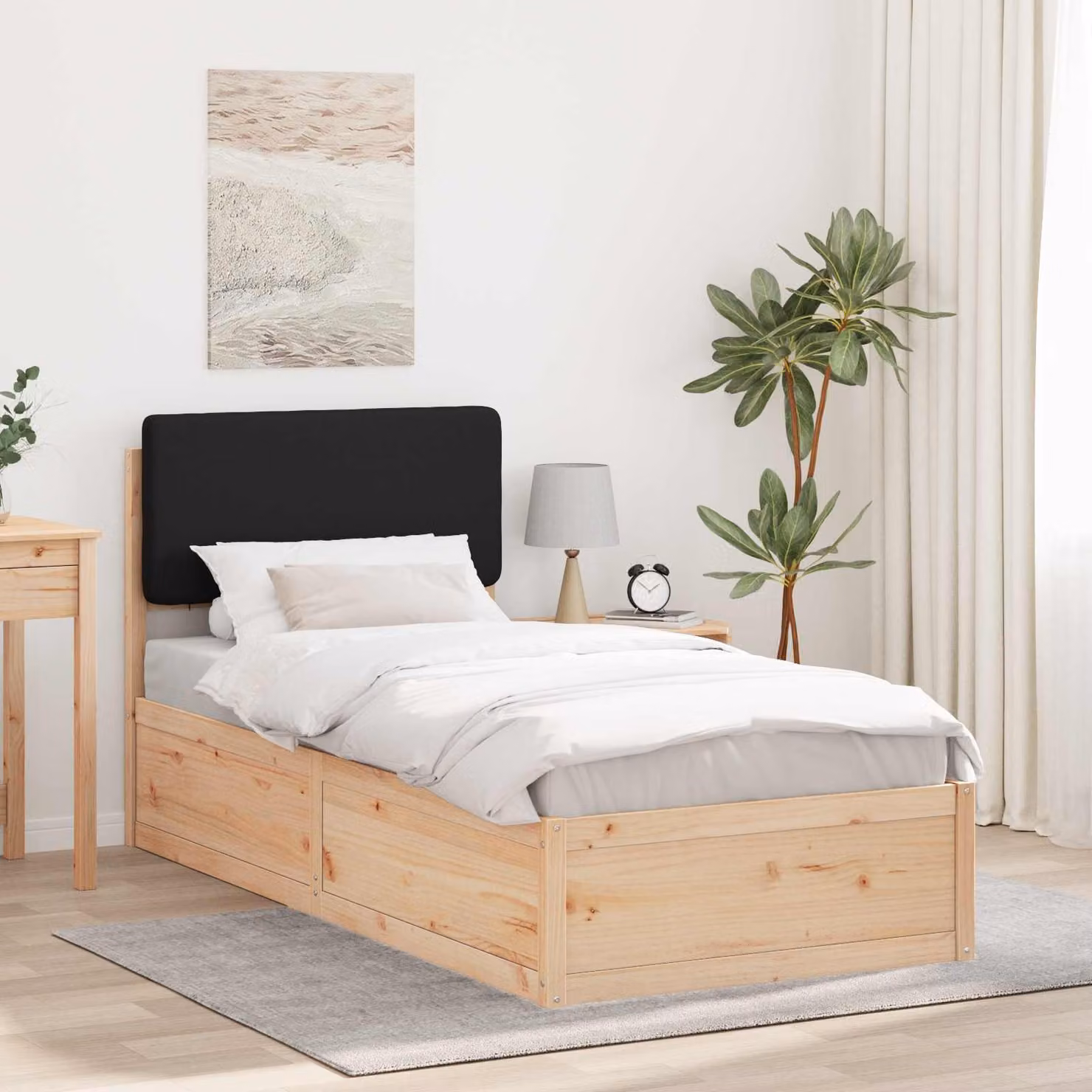 Letto con Testiera Rivestita vidaXL in Pino Massello Nero L 100 x P 200 cm – 1