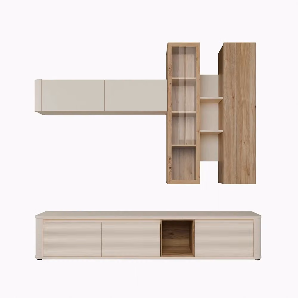 Parete attrezzata soggiorno moderna Veriaffari con lowboard, pensili e vetrine in finitura opaca nei colori marrone e beige – 2