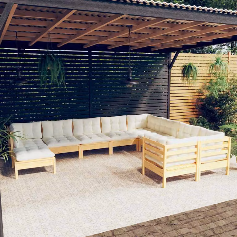 Set di divani da giardino vidaXL a forma di U composto da 10 pezzi in legno massello di pino con cuscini beige