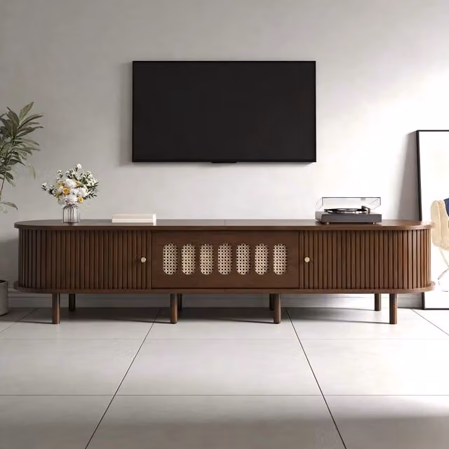 Mobile TV Mivray per soggiorno in MDF color noce con anta a ribalta, due serrande laterali e 5 vani chiusi, L 180 cm x P 40 cm x H 40 cm – 1