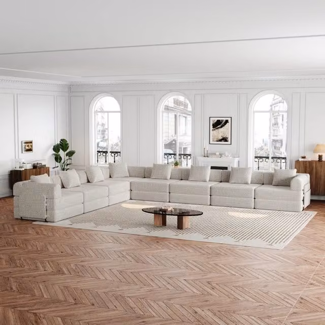 Divano modulare convertibile OKWISH a forma di U con struttura in metallo e rivestimento in tessuto, ideale per il soggiorno, disponibile nei colori verde o beige