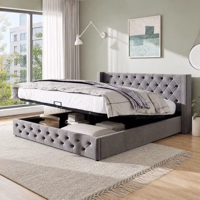 Letto matrimoniale 160x200 cm con contenitore idraulico in velluto; grigio