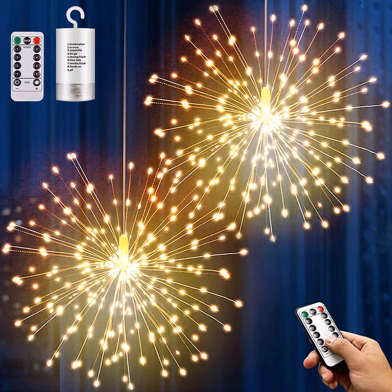 2 pezzi fuochi d'artificio luci bianche calde, 200LEDs luci di Natale telecomando dimmerabile, funzionamento a batteria 8 modalità
