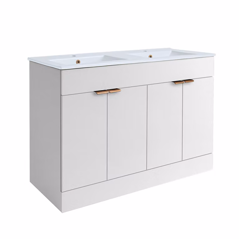 Mobile Bagno a Terra Bianco da 1210mm con Doppio Lavabo e Maniglie con Impugnatura a Dito in Rame Satinato - Cluo