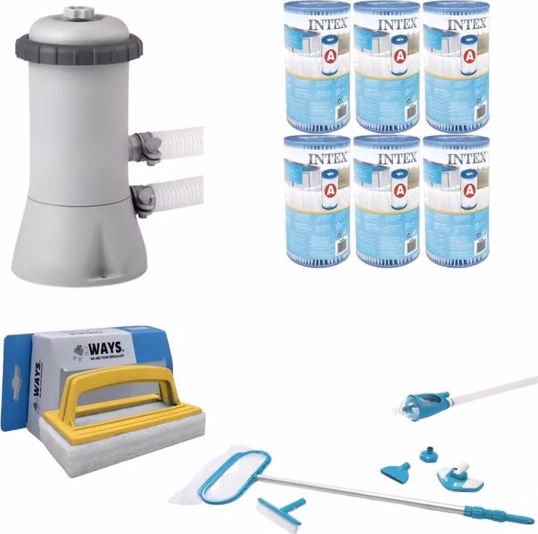 WAYS - Cura della piscina - Set per la manutenzione Deluxe & pompa filtro 2271 L/u & 6 filtri tipo A & spazzola WAYS
