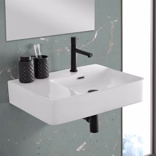 Lavabo sospeso rettangolare 60x43 in ceramica lucida, vasca decentrata a destra e ripiano d’appoggio, forato per troppo pieno e rubinetteria