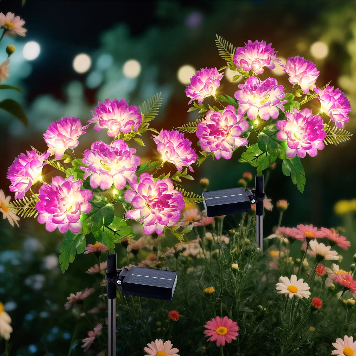 Set di 2 lampade solari, luce bianco caldo, design a forma di dahlia, 8 modalità, impermeabili