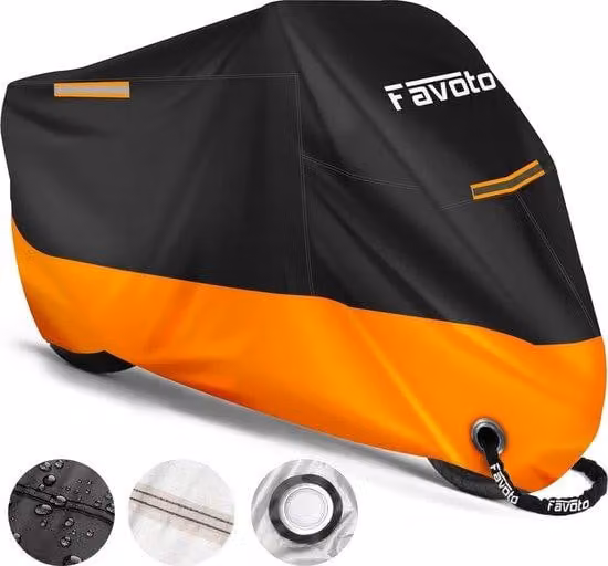 Copertura motore XXL, estremamente impermeabile, resistente al calore, agli escrementi degli uccelli e ai raggi UV, fissata con due chiusure a vite rapide, nei colori nero-arancione, dimensioni 245x105x125 cm