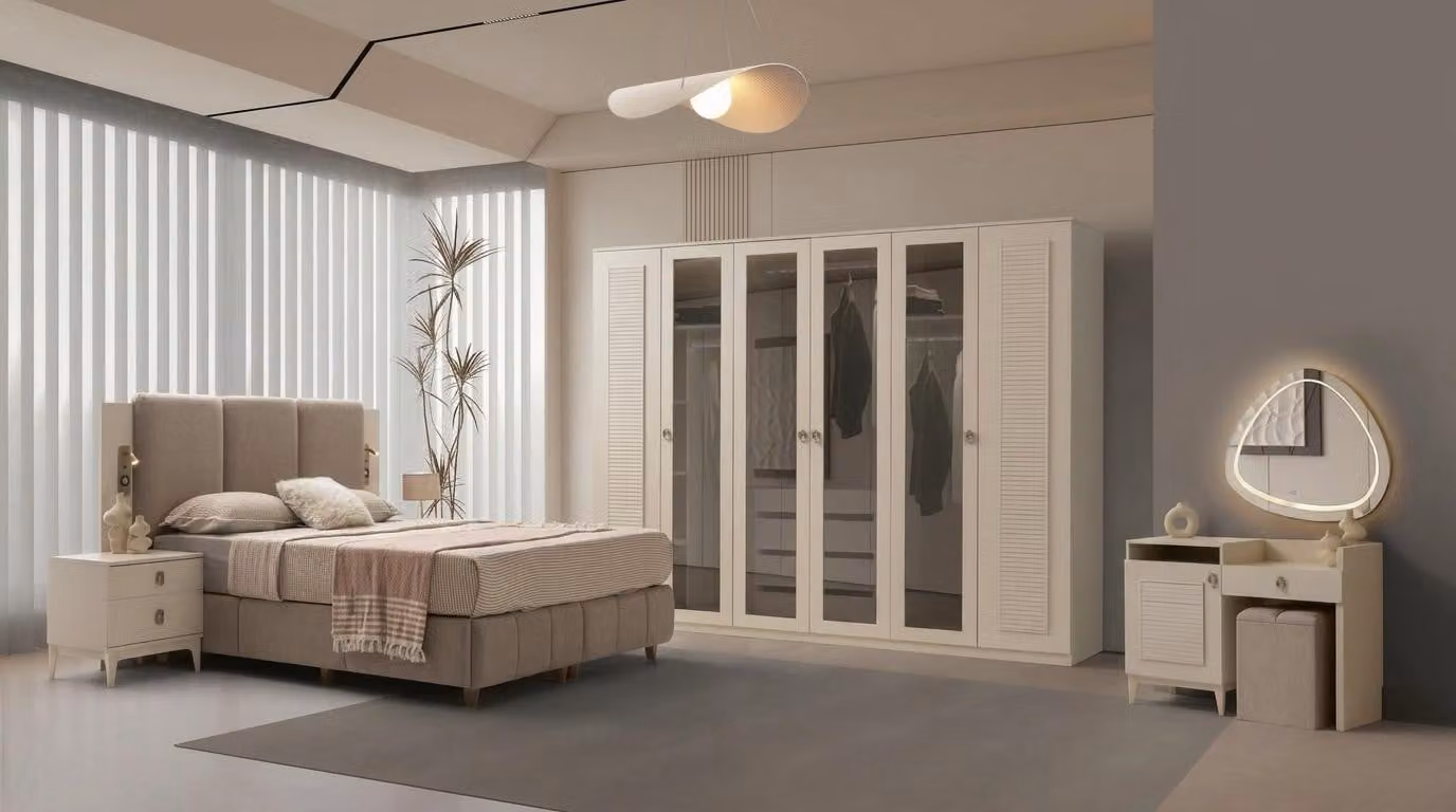 Set per camera da letto: armadio, letto, comodino, specchio, 2 comodini, poggiapiedi