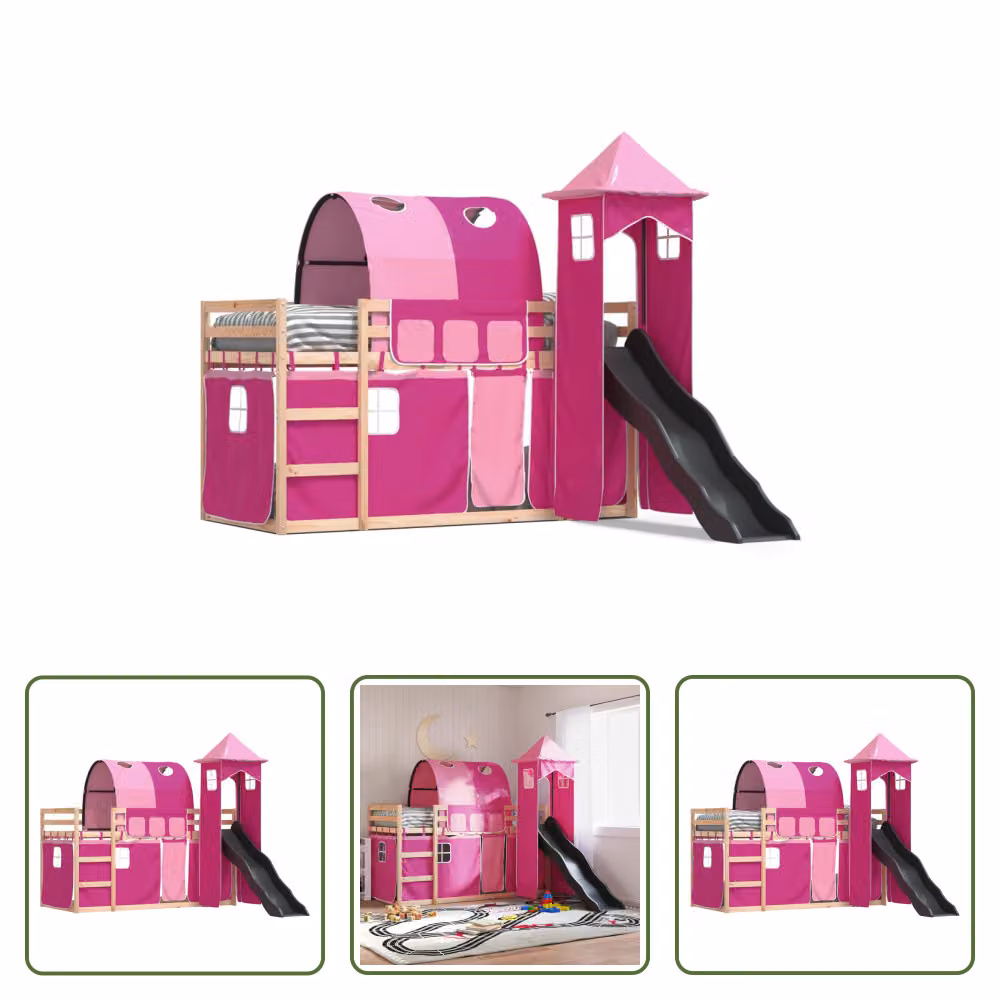 The Living Store Letto a castello con scivolo e tende Rosa 80x200 cm