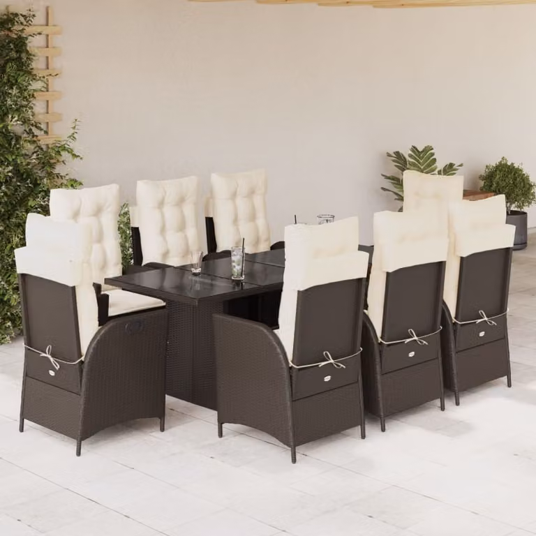 Set da Pranzo da Giardino vidaXL in Polyrattan Marrone con Cuscini Bianchi e Tavolo in Vetro 9 Pezzi