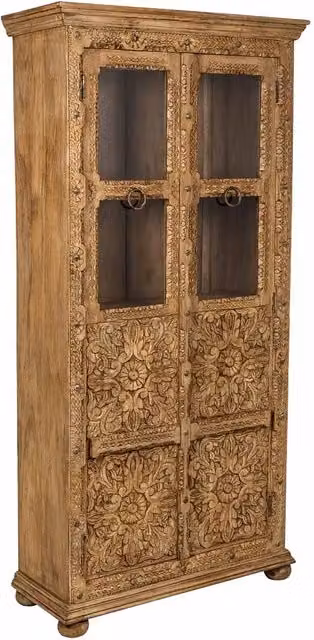 Vetrina Wanderlust Deco in legno di mango e vetro marrone con ante in vetro e ripiani interni L: 89 cm, P: 40 cm, H: 190 cm
