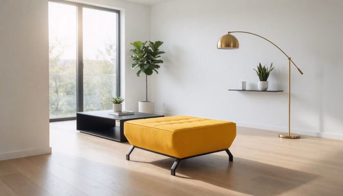 Pouf moderno, imbottito in giallo, rivestito in tessuto, struttura in metallo, ideale per il relax