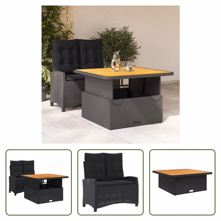 The Living Store Set da pranzo da giardino a 2 pezzi con cuscini in poly rattan nero