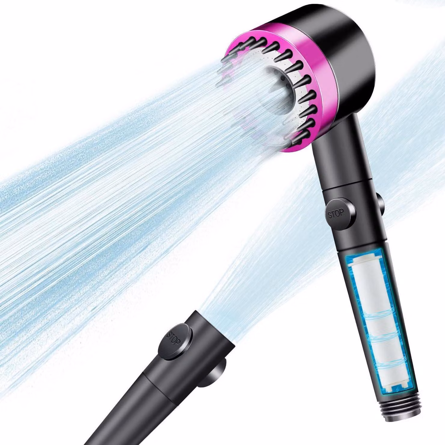 Doccia con filtro, funzione massaggio, 3+1 tipi di getto, funzione di arresto, colore rosa