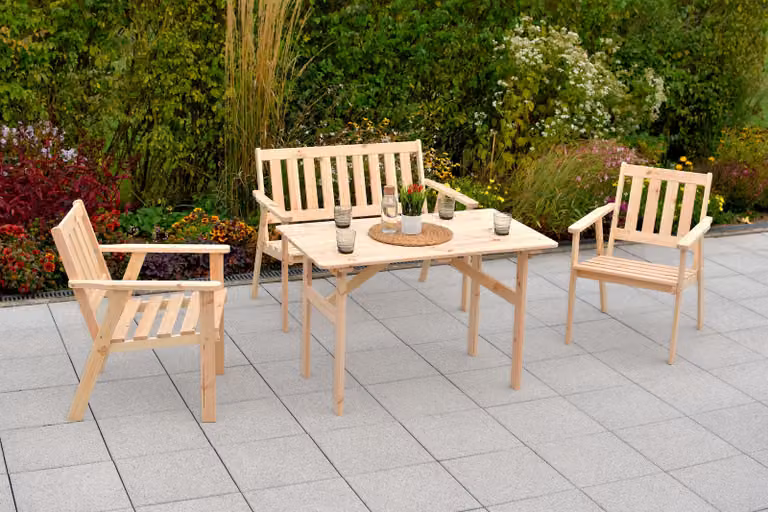 Set di mobili da giardino Merxx Sylt, 4 pezzi: 2 poltrone, panca, tavolo 115 x 70 cm – pino non trattato