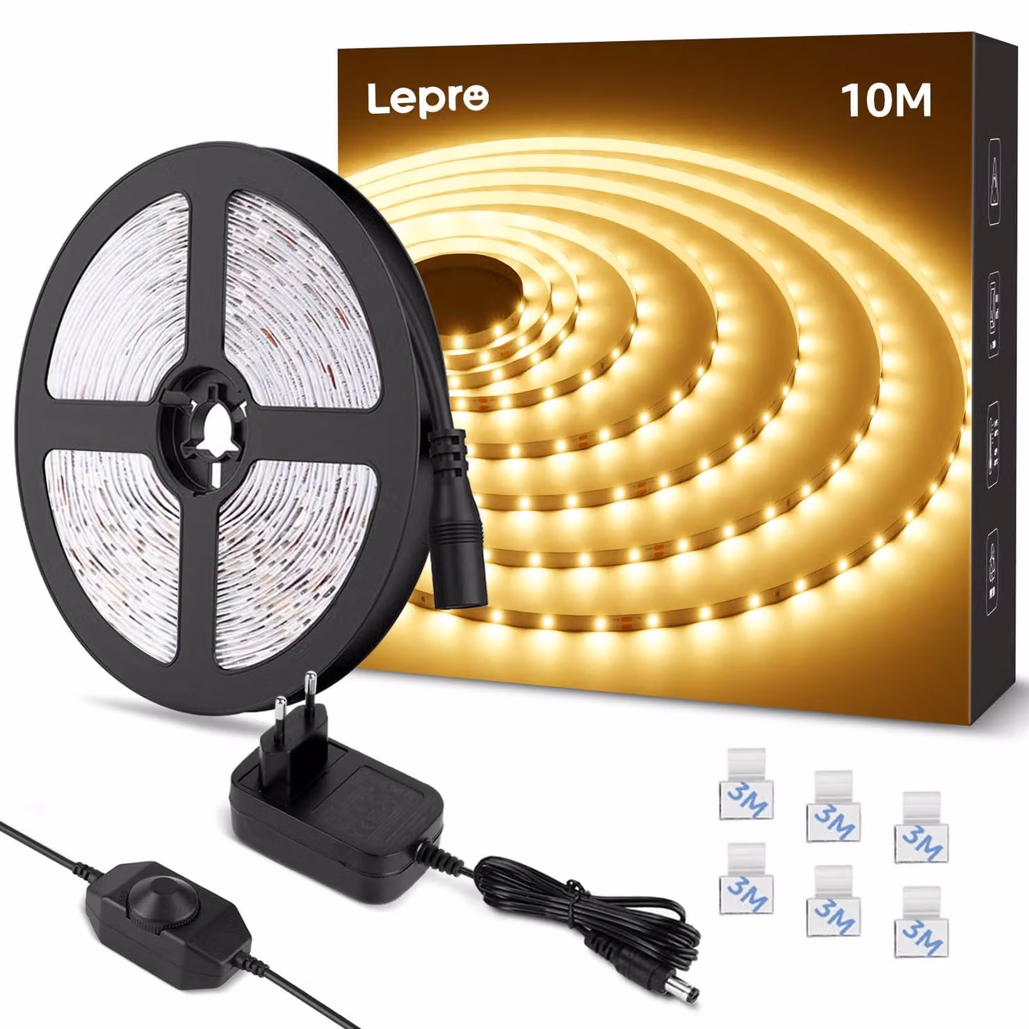 Striscia LED Lepro, 10 metri, 3000K (bianco caldo), dimmerabile, autoadesiva, con alimentatore