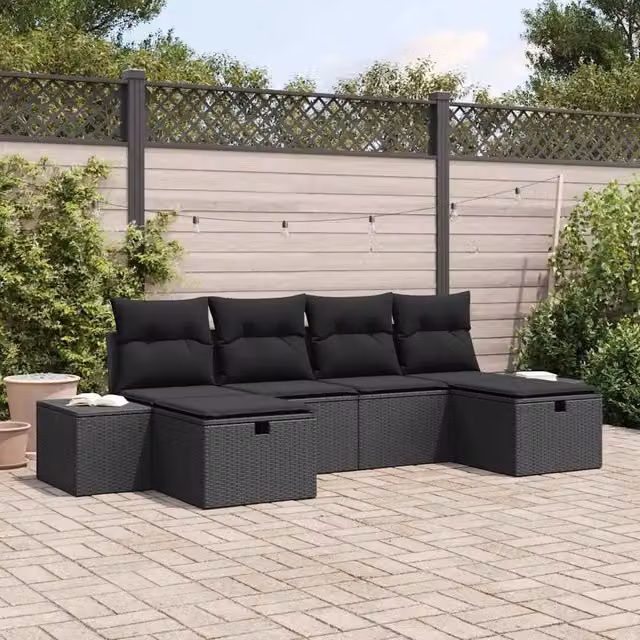 Set Divano da Giardino a L con 6 Sedute vidaXL Nero con Cuscini e Struttura in Metallo Resistente alle Intemperie