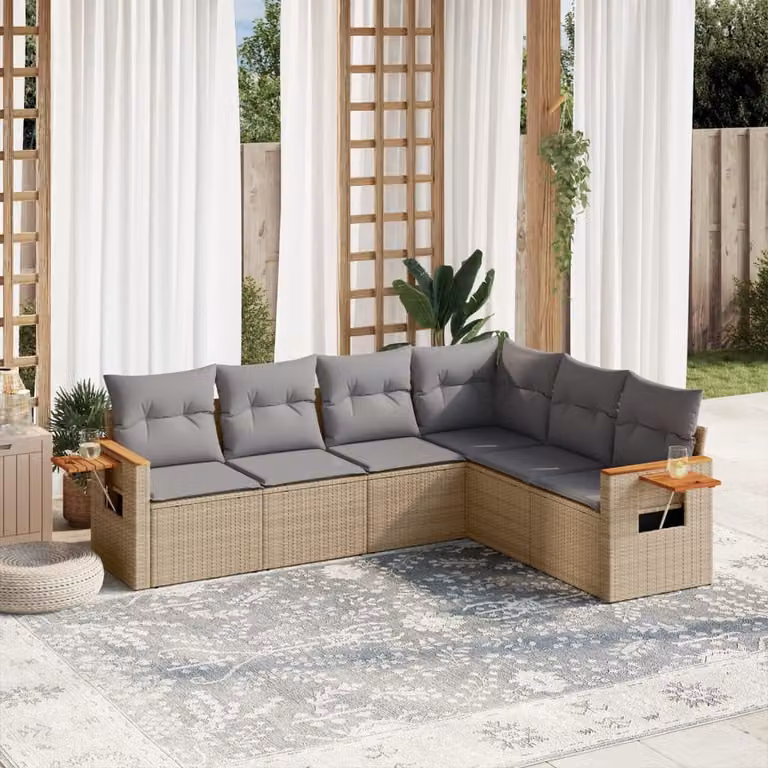 vidaXL Set Divano da Giardino a L da 6 pz in Polyrattan con Cuscini Beige e Tavolino da Caffè