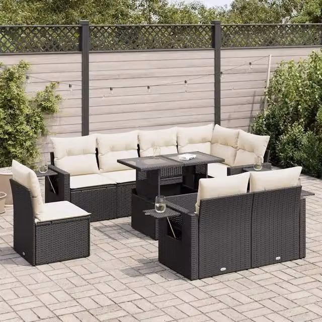 Set Divani da Giardino 9 pz con Cuscini Nero in Polyrattan 3326497