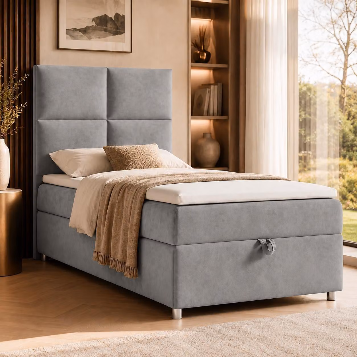 Best for Home Letto boxspring con contenitore Trinity K2-SINGLE 90x200 Materasso a molle Bonell incl. topper – Grigio