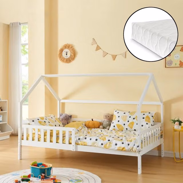Letto Casetta Ydre en.casa per cameretta in legno di pino bianco con materasso in schiuma L/P/H: 207 x 120 x 150 cm