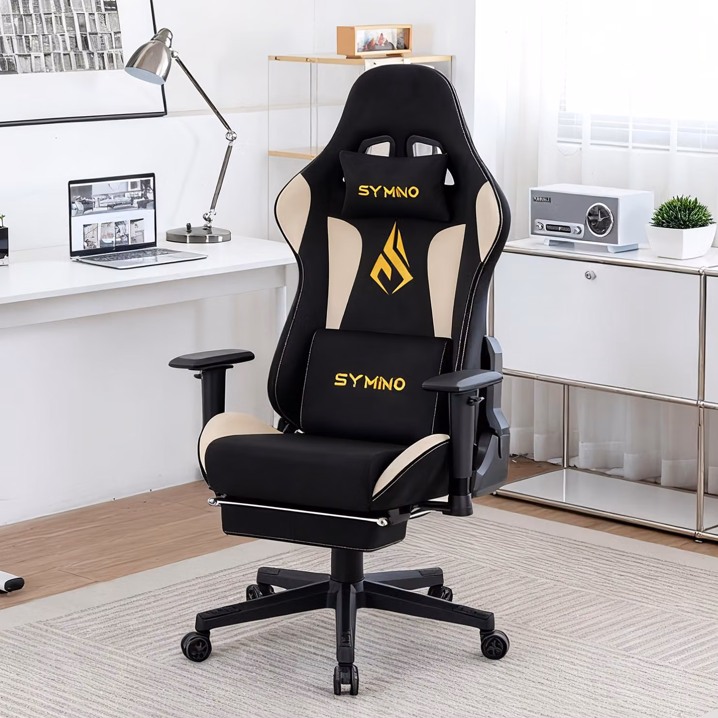 Sedia da gaming – Sedia da ufficio con schienale regolabile da 90 a 167 gradi, supporto lombare e poggiapiedi – Nera/Beige