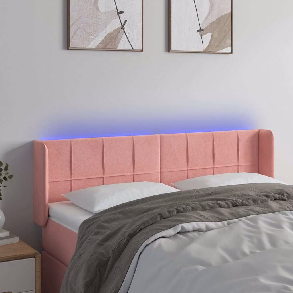 Testiera per letto vidaXL in velluto rosa con illuminazione LED e porta di ricarica USB, L 147 cm, P 16 cm, H 78-88 cm