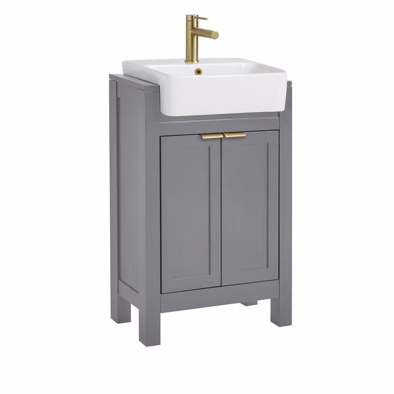 Mobile Bagno Grigio Chiaro da 550mm con Lavabo e Maniglia Moderna con Impugnatura a Dito in Oro Satinato - Warwick