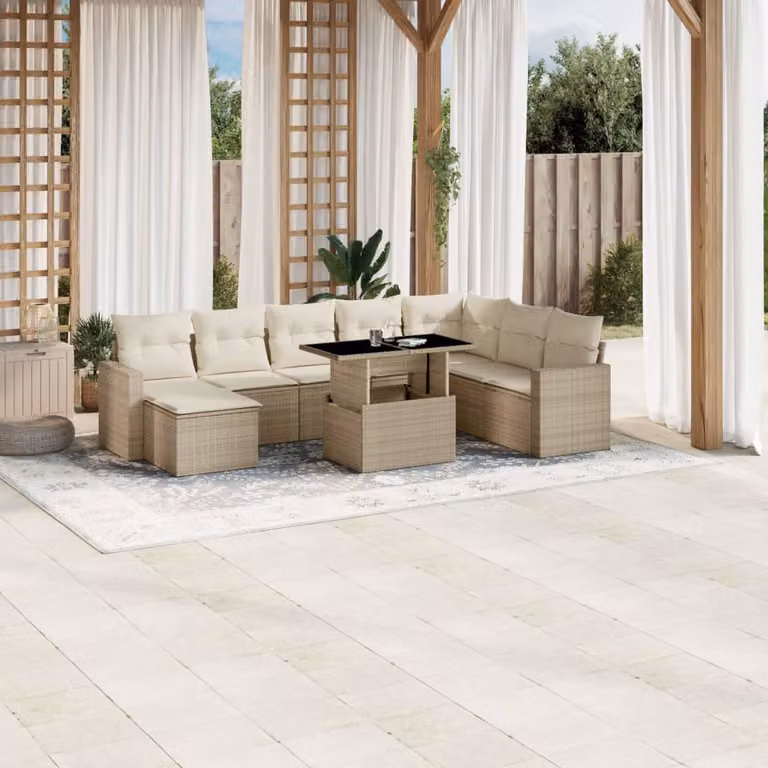 vidaXL Set Divano da Giardino 9 pz a L in Polyrattan Beige con Cuscini e Tavolino da Esterno