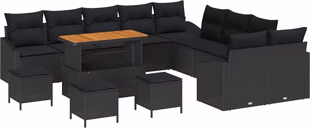 Set Divano da Giardino con cuscino 14 pcs Nero polyrattan