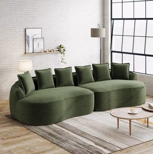 Divano modulare in ciniglia verde; chaise longue profonda 320x114x67 cm; senza montaggio