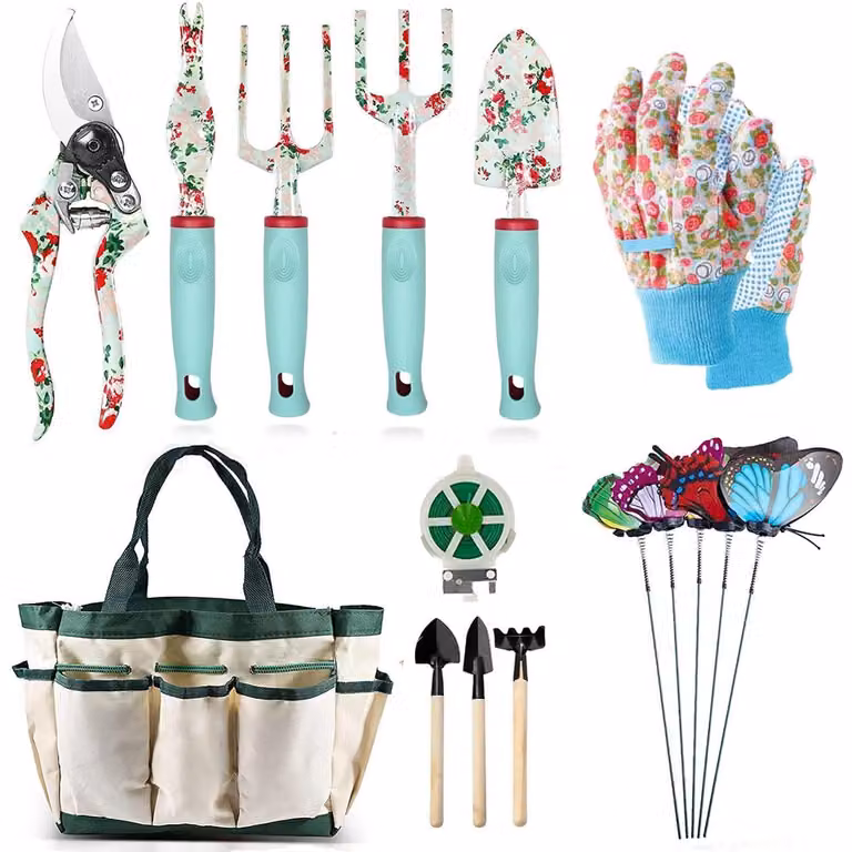 Set di attrezzi da giardino da 16 pezzi, completo di forbici da giardino e custodia, realizzato in lega di alluminio, con motivo floreale