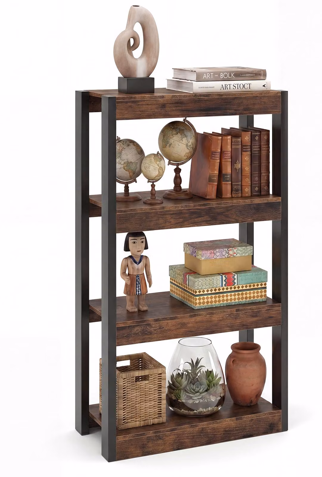 Scaffale KOMFOTTEU a 3/4 ripiani, libreria angolare con struttura in metallo, scaffale verticale in legno, con sistema antiscivolo, ideale per soggiorno o studio (marrone, 4 ripiani)