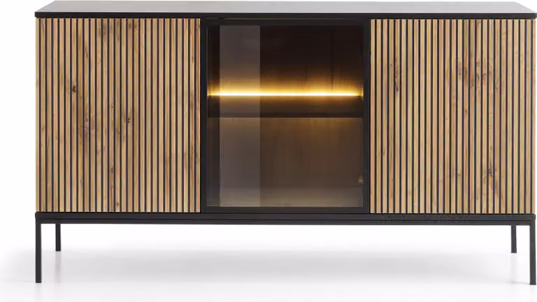Comò moderno, ampio, con ante e frontale scanalato, dimensioni 154x83x39 cm, colore nero