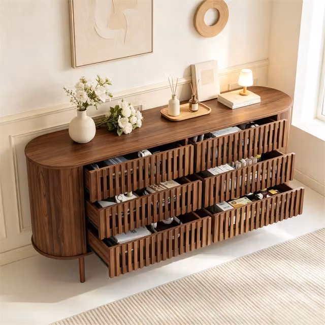 Cassettiera con 6 cassetti ¨C Minimal ¨C Effetto noce MDF gambe metalliche 160x40x70cm