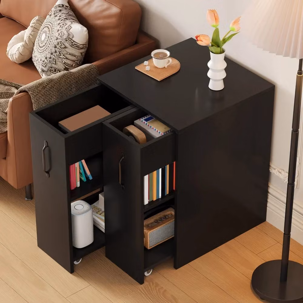 Libreria Minimal con Ruote e Cassetto Laterale Estraibile in Legno Nero Design Moderno L: 75 cm, P: 27 cm, H: 50 cm – 2