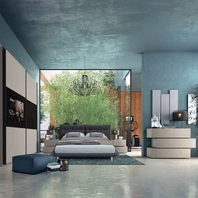 Set da camera da letto moderno Tezeta grigio con letto imbottito 180x200 cm, armadio, cassettiera, comodino e specchio