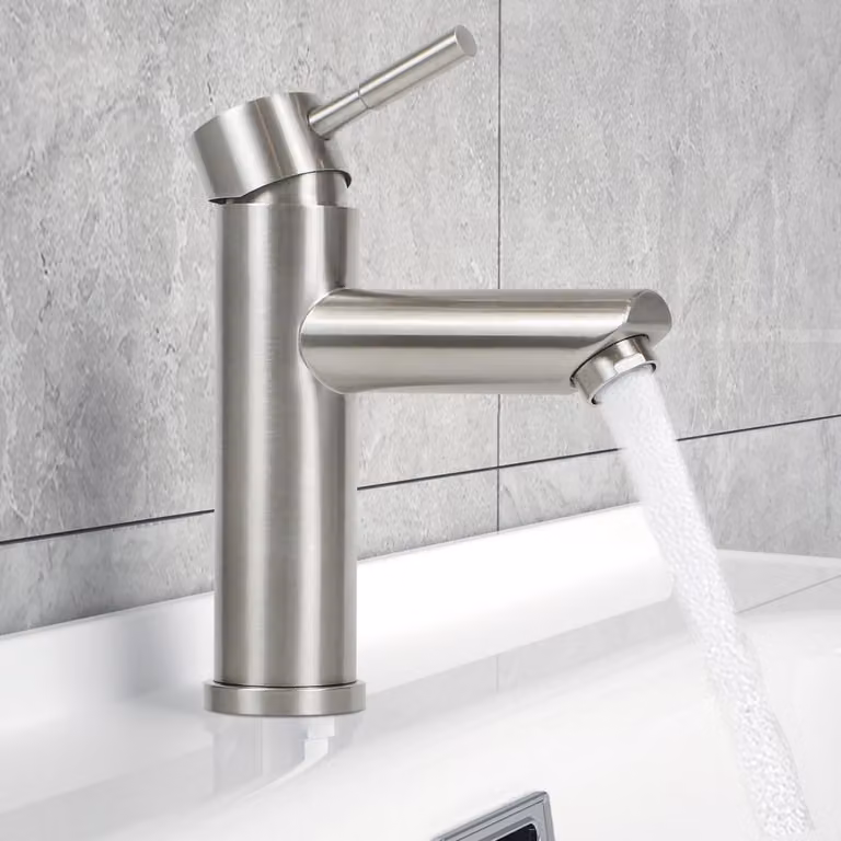 Miscelatore per lavabo, bagno, monocomando, finitura nichel, acciaio inossidabile, attacco 3/8"