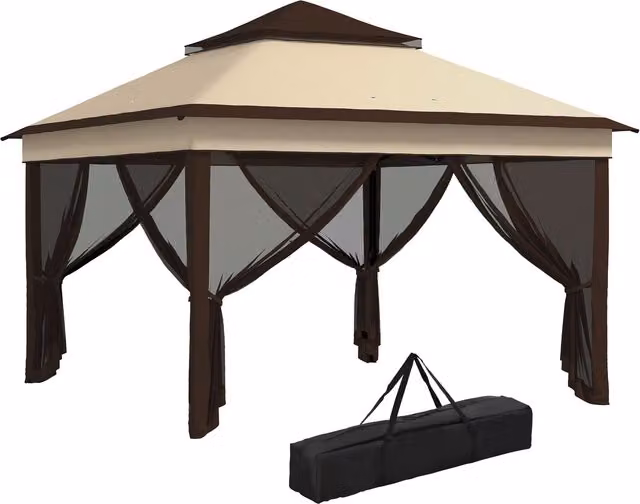 Outsunny Gazebo 3x3 Regolabile su 3 Livelli con Pareti Rimovibili, in Acciaio e tessuto Oxford, color Caffè e Beige