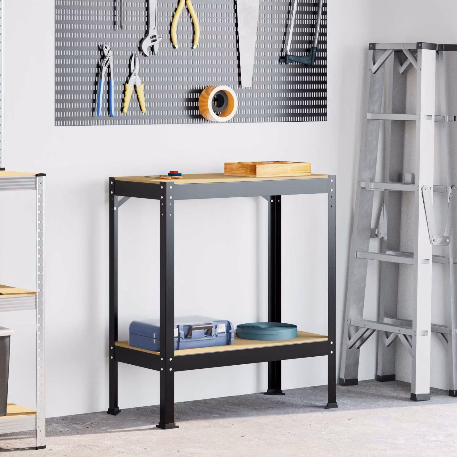 vidaXL Banco da lavoro con scaffale e pannello forato Nero L 81 x P 41 x H 91 cm